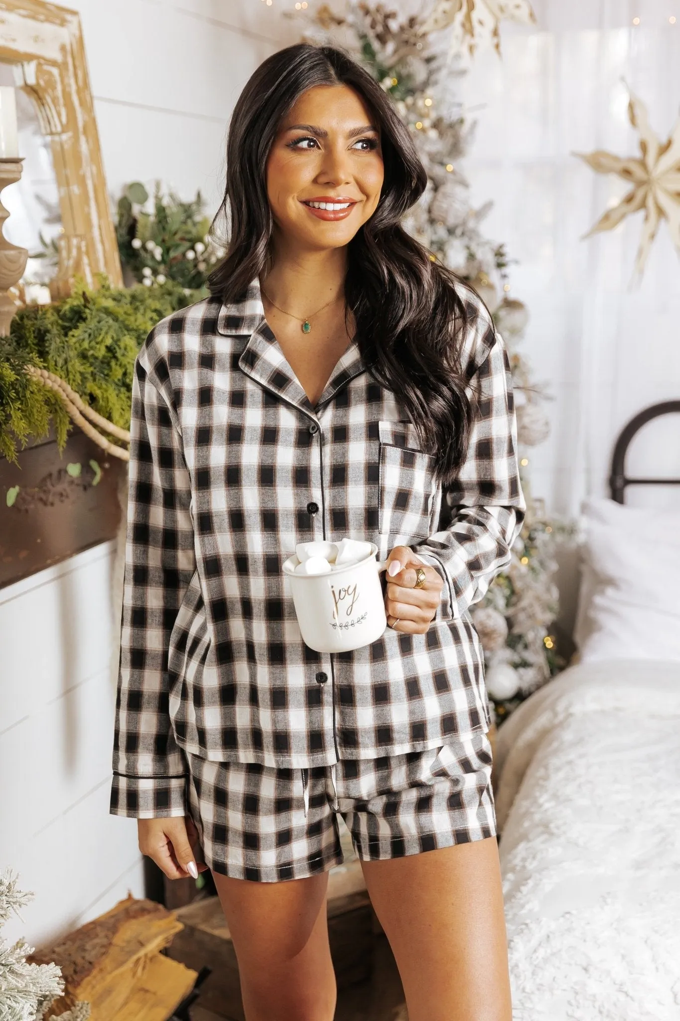 Waking Up Black Plaid Shirt & Shorts Set