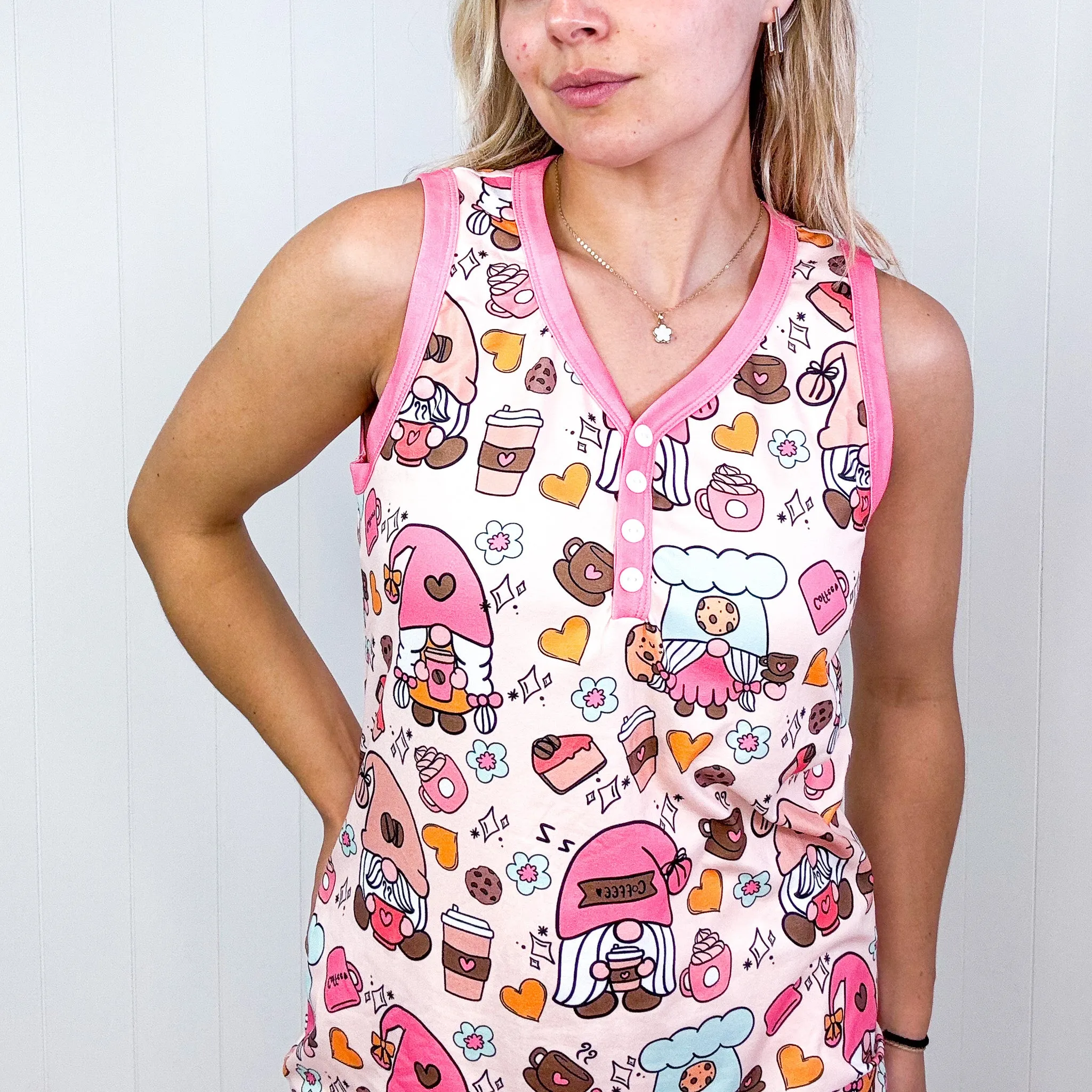 Waking up with Coffee Gnomes Soft Sleeveless Short Pajama Set