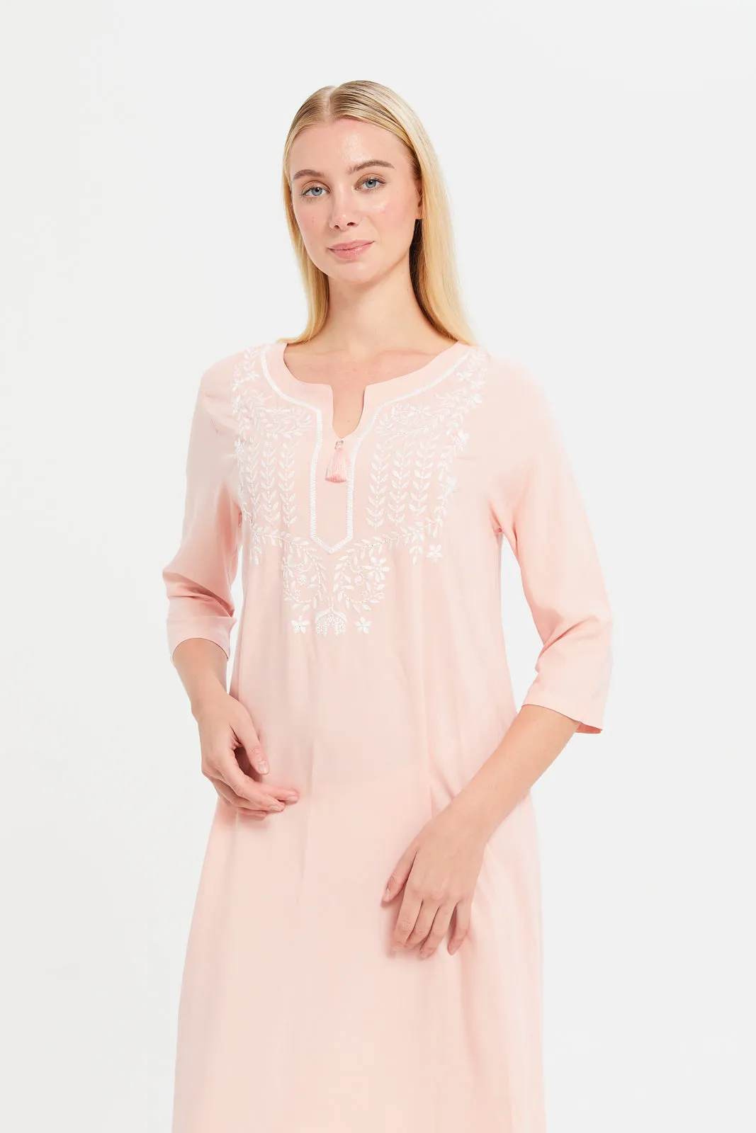 Women Pink Solid  Embroidery Nightgown