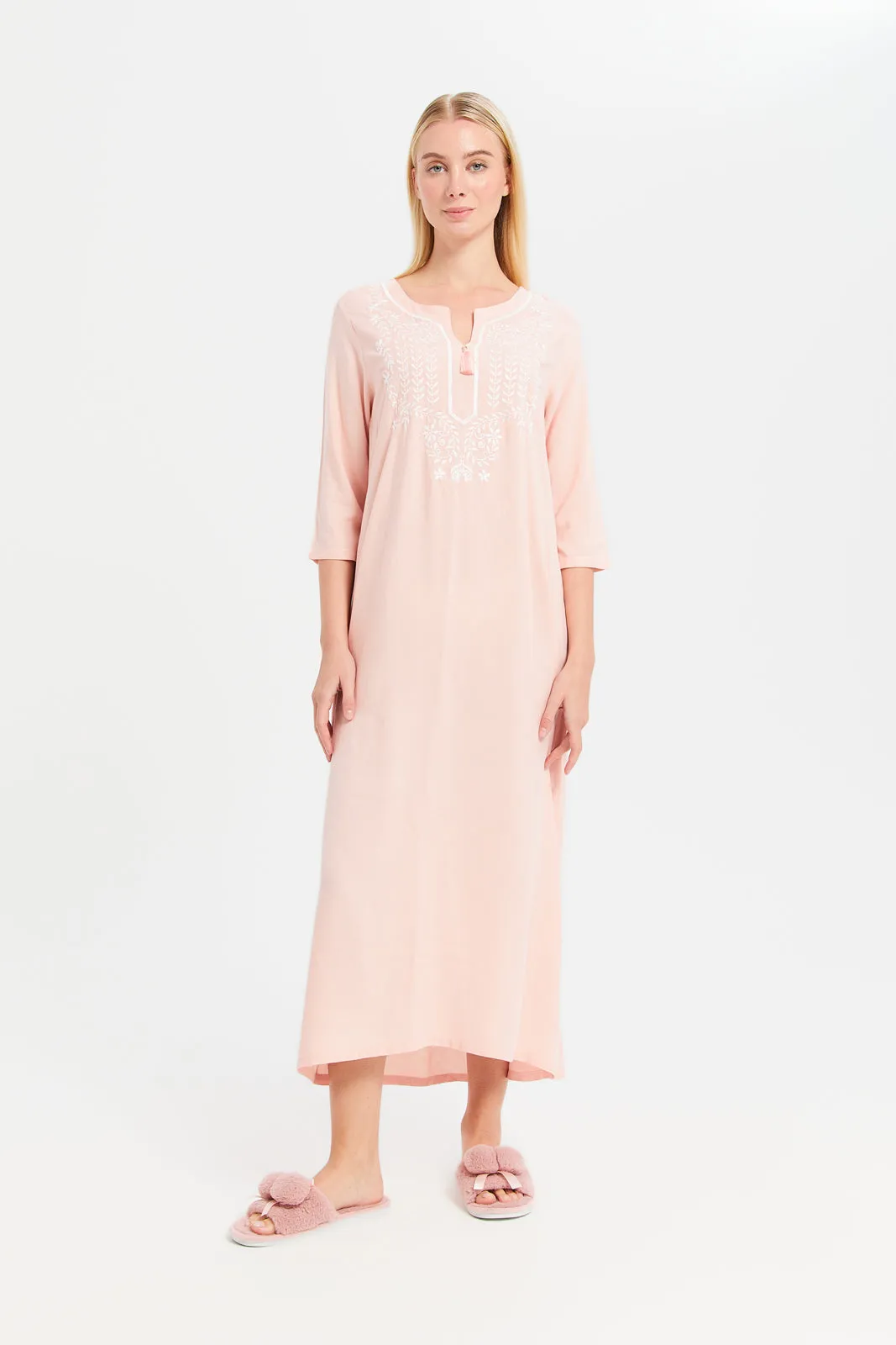 Women Pink Solid  Embroidery Nightgown