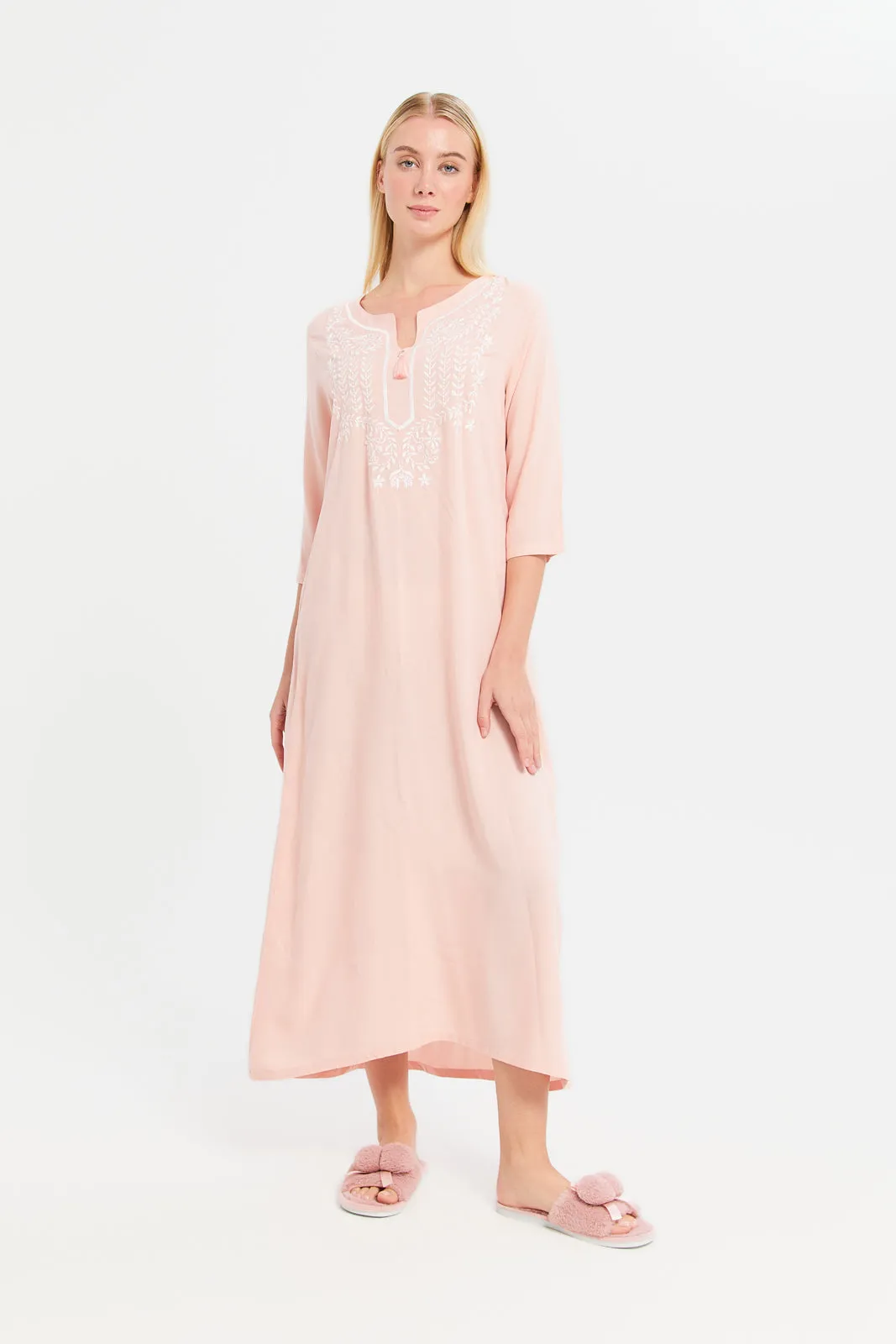 Women Pink Solid  Embroidery Nightgown