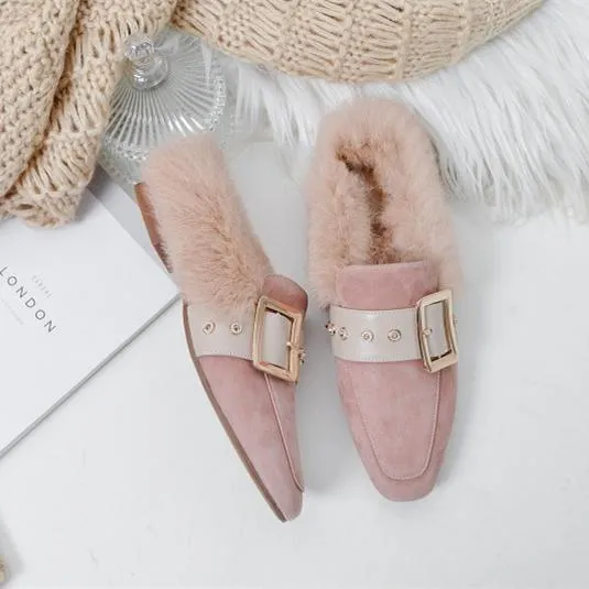 Women winter closed toe fluffy warm slip on flats