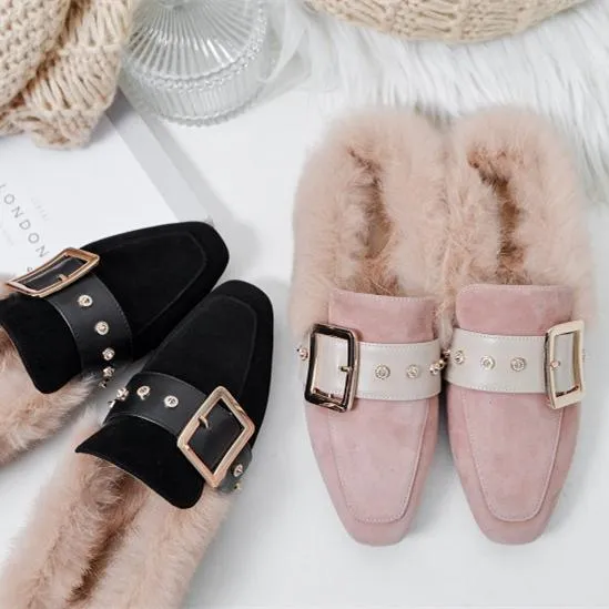 Women winter closed toe fluffy warm slip on flats