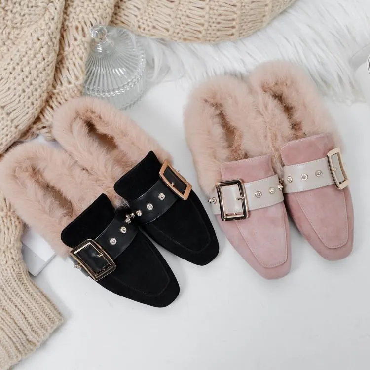 Women winter closed toe fluffy warm slip on flats