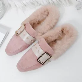 Women winter closed toe fluffy warm slip on flats