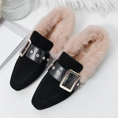 Women winter closed toe fluffy warm slip on flats