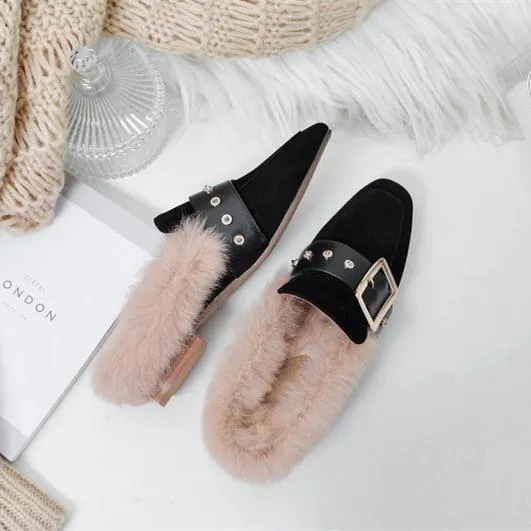 Women winter closed toe fluffy warm slip on flats