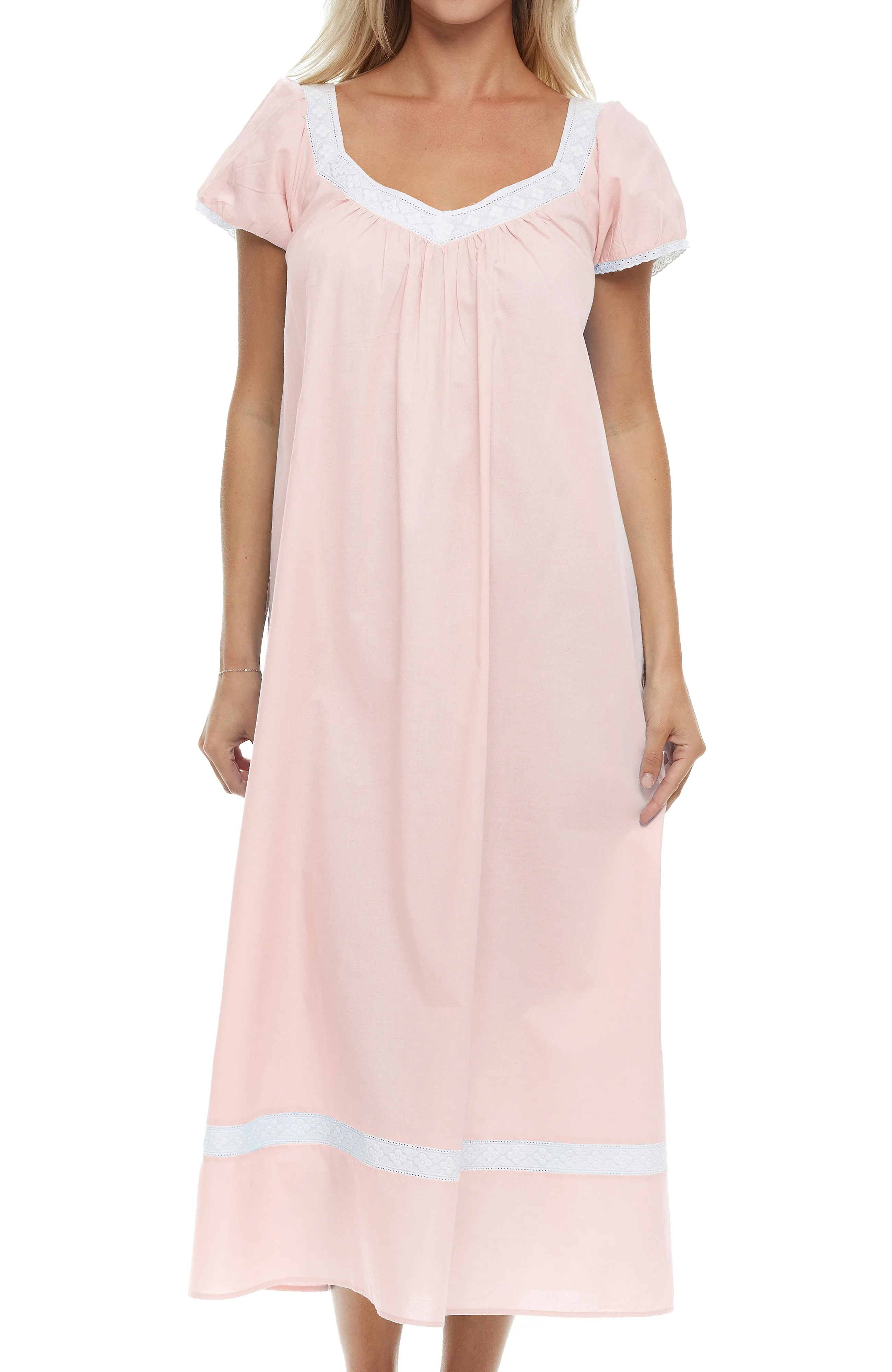 Women's Cotton Victorian Nightgown, Camila Ruffled Short Sleeve Lace Trimmed Long Night Dress