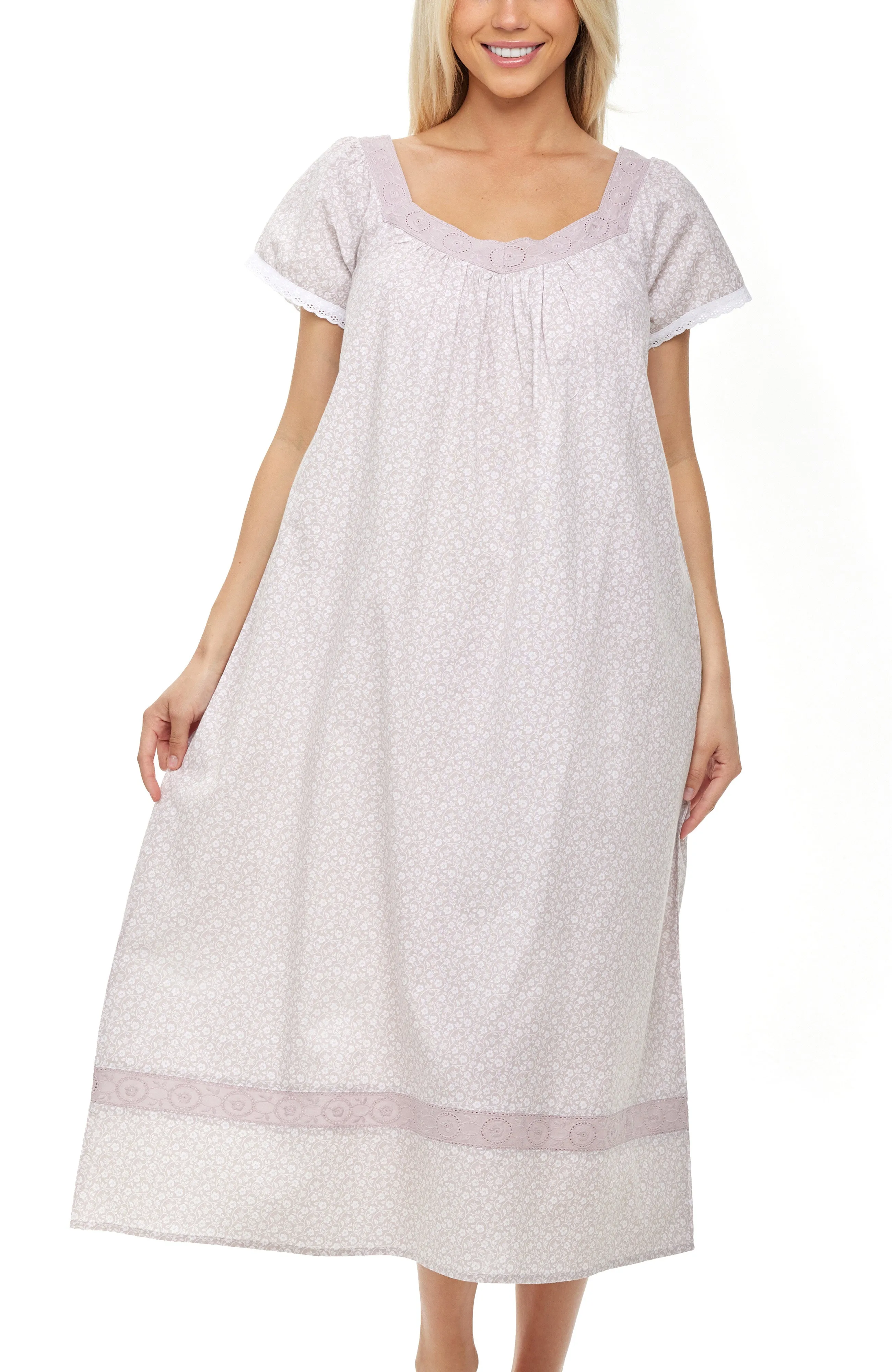 Women's Cotton Victorian Nightgown, Camila Ruffled Short Sleeve Lace Trimmed Long Night Dress