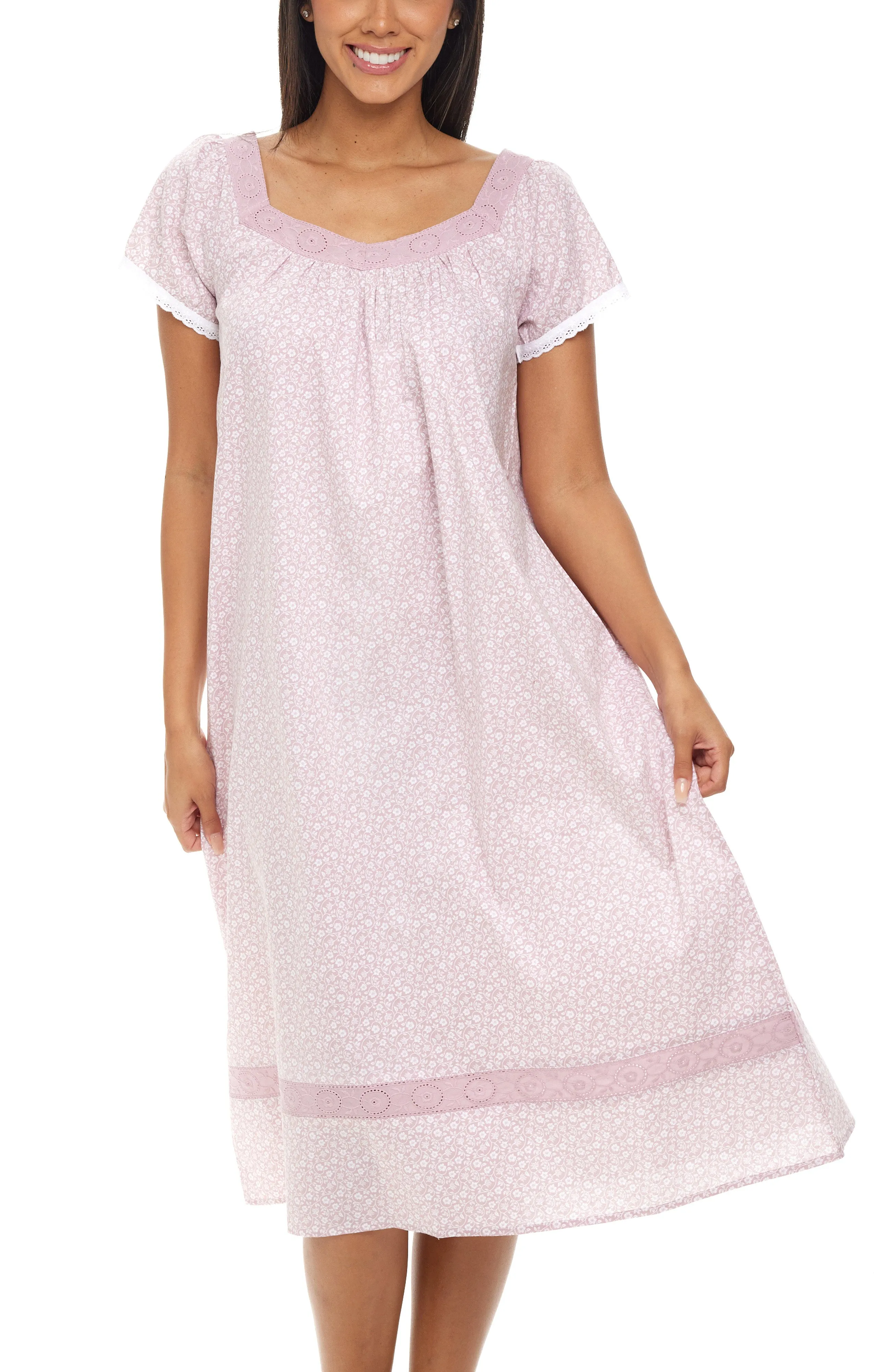 Women's Cotton Victorian Nightgown, Camila Ruffled Short Sleeve Lace Trimmed Long Night Dress