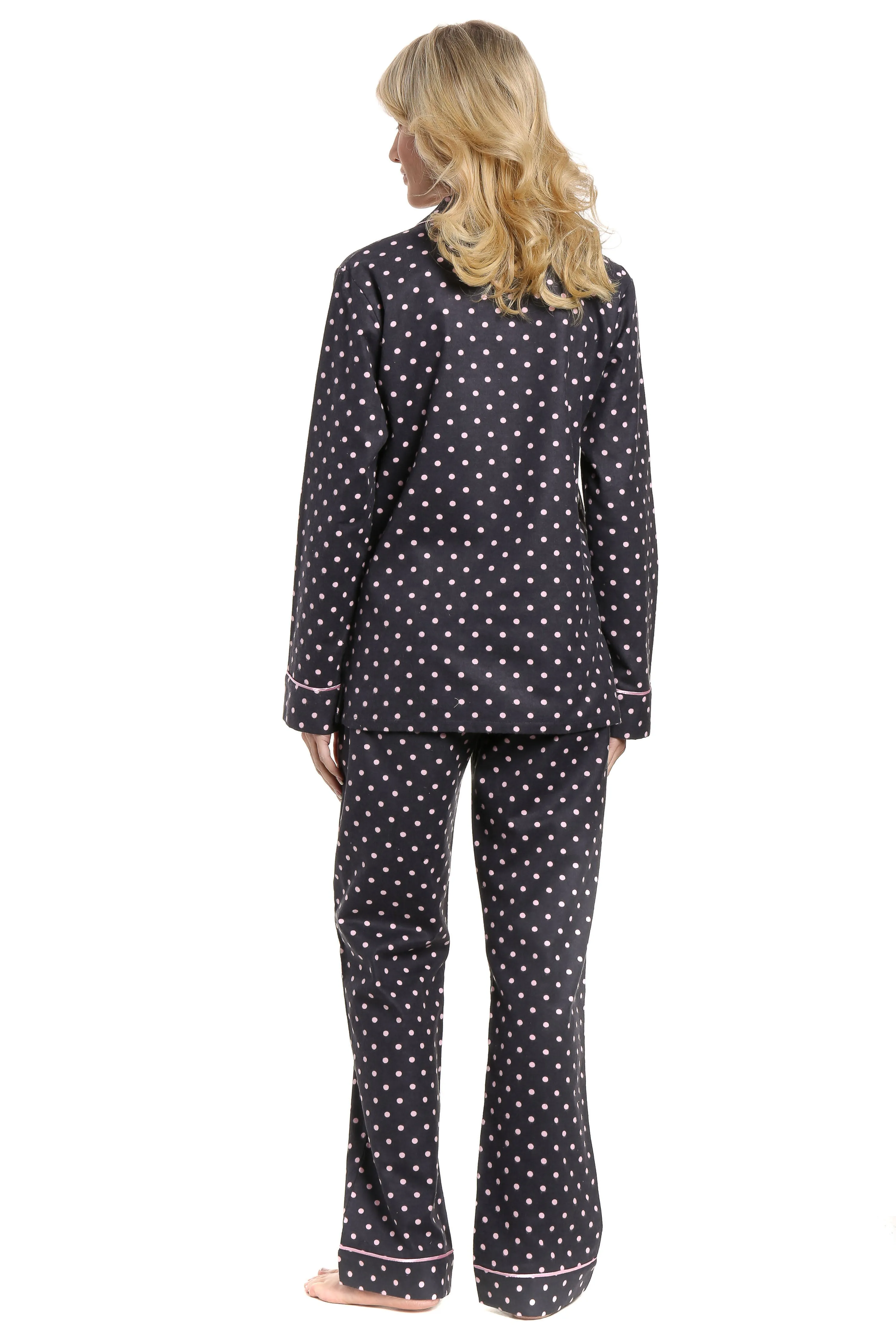 Womens Premium 100% Cotton Flannel Pajama Sleepwear Set - Dots Diva Gray-Pink