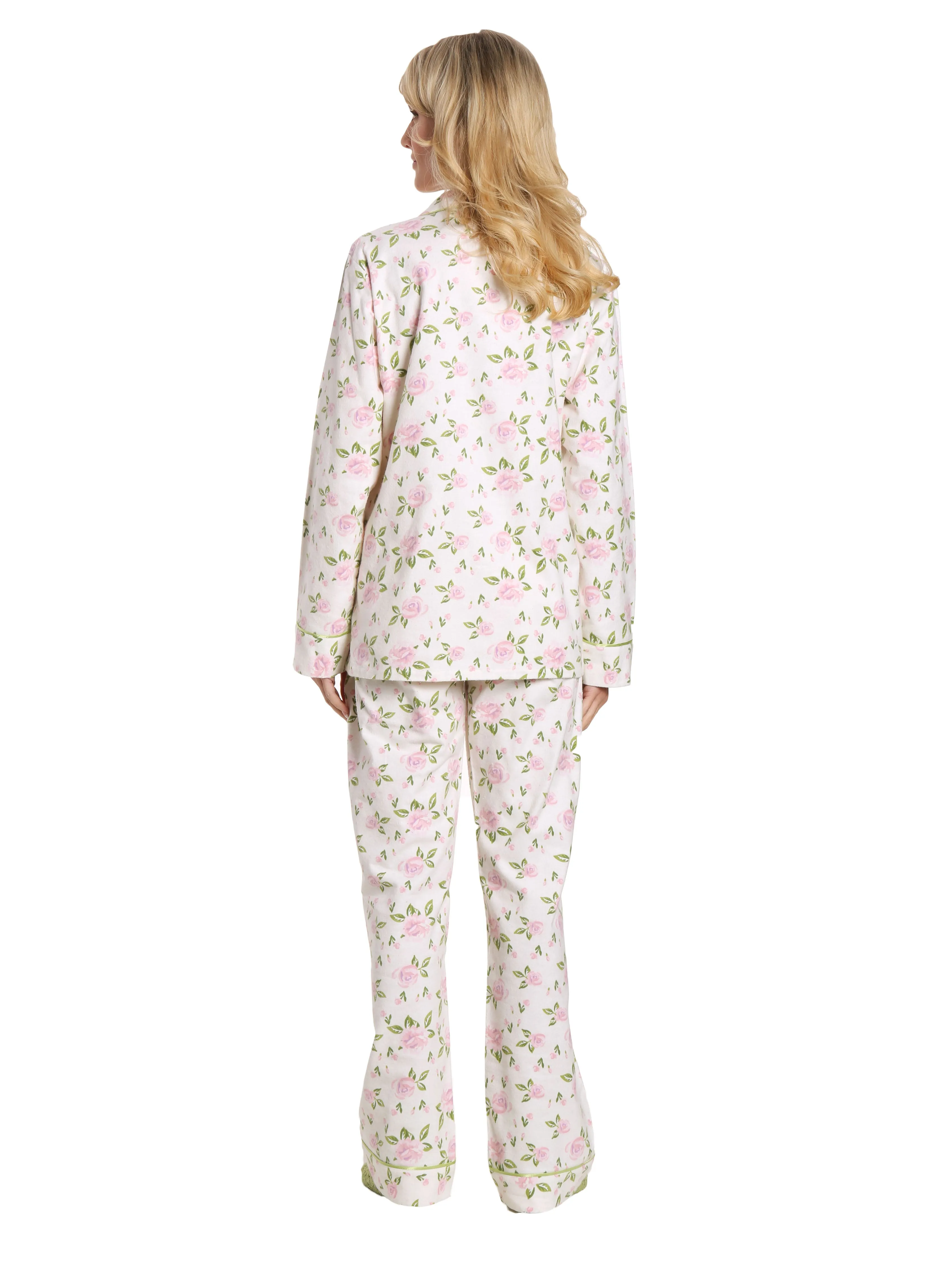 Women's Premium 100% Cotton Flannel Pajama Sleepwear Set - Gardenia Cream-Pink