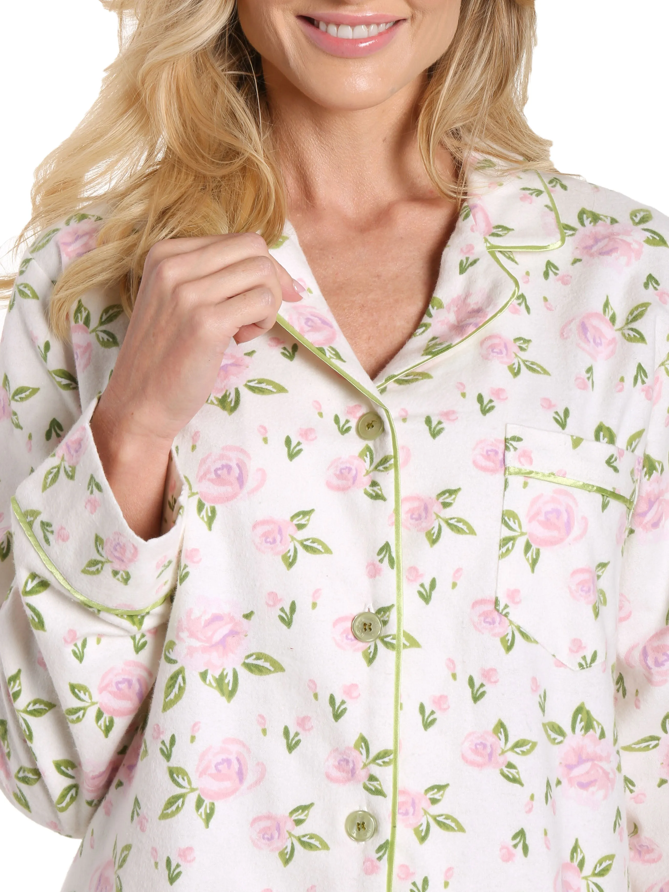 Women's Premium 100% Cotton Flannel Pajama Sleepwear Set - Gardenia Cream-Pink