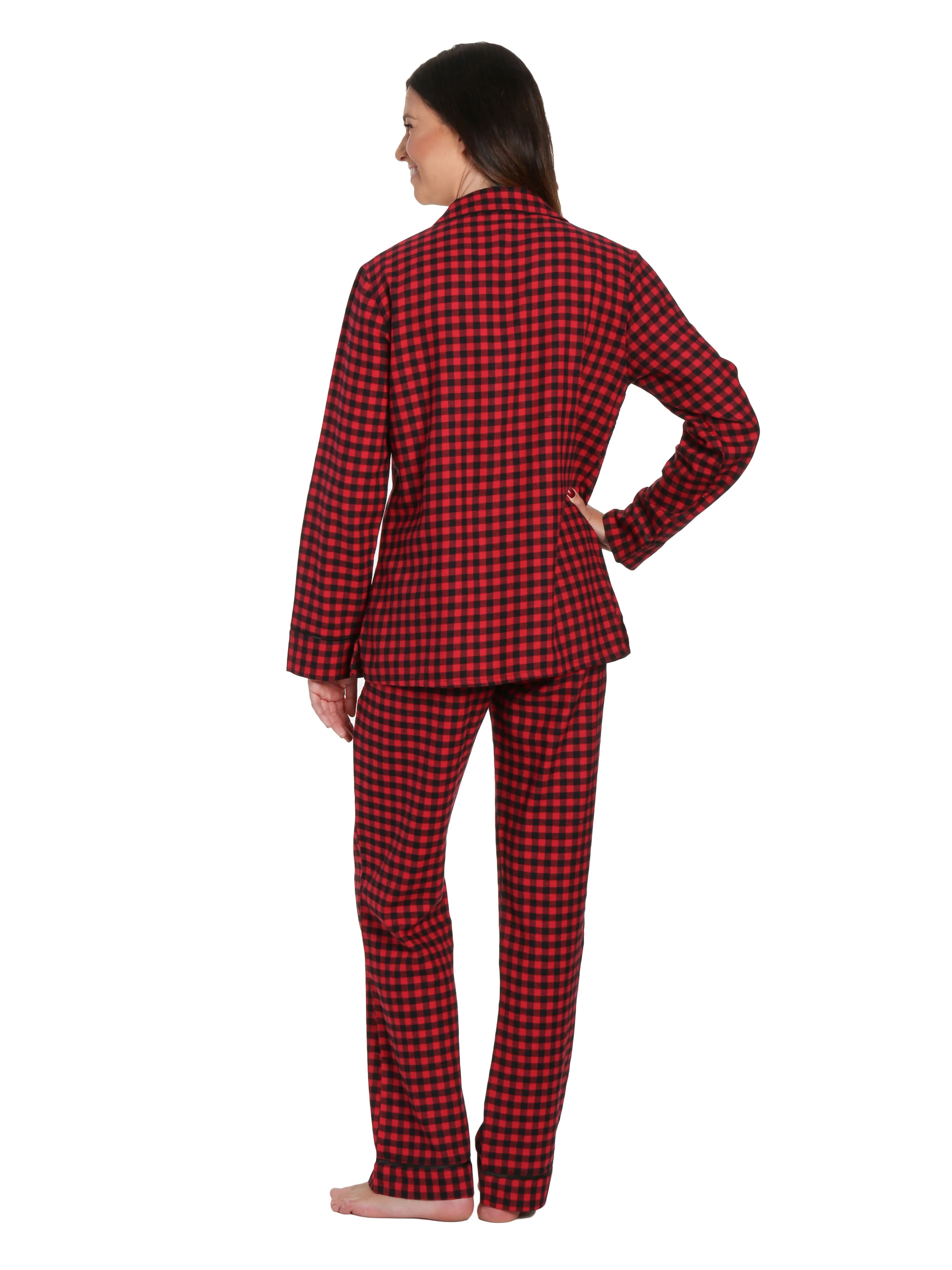 Womens Premium 100% Cotton Yarn Dyed Flannel Pajama Sleepwear Set - Gingham Red-Black