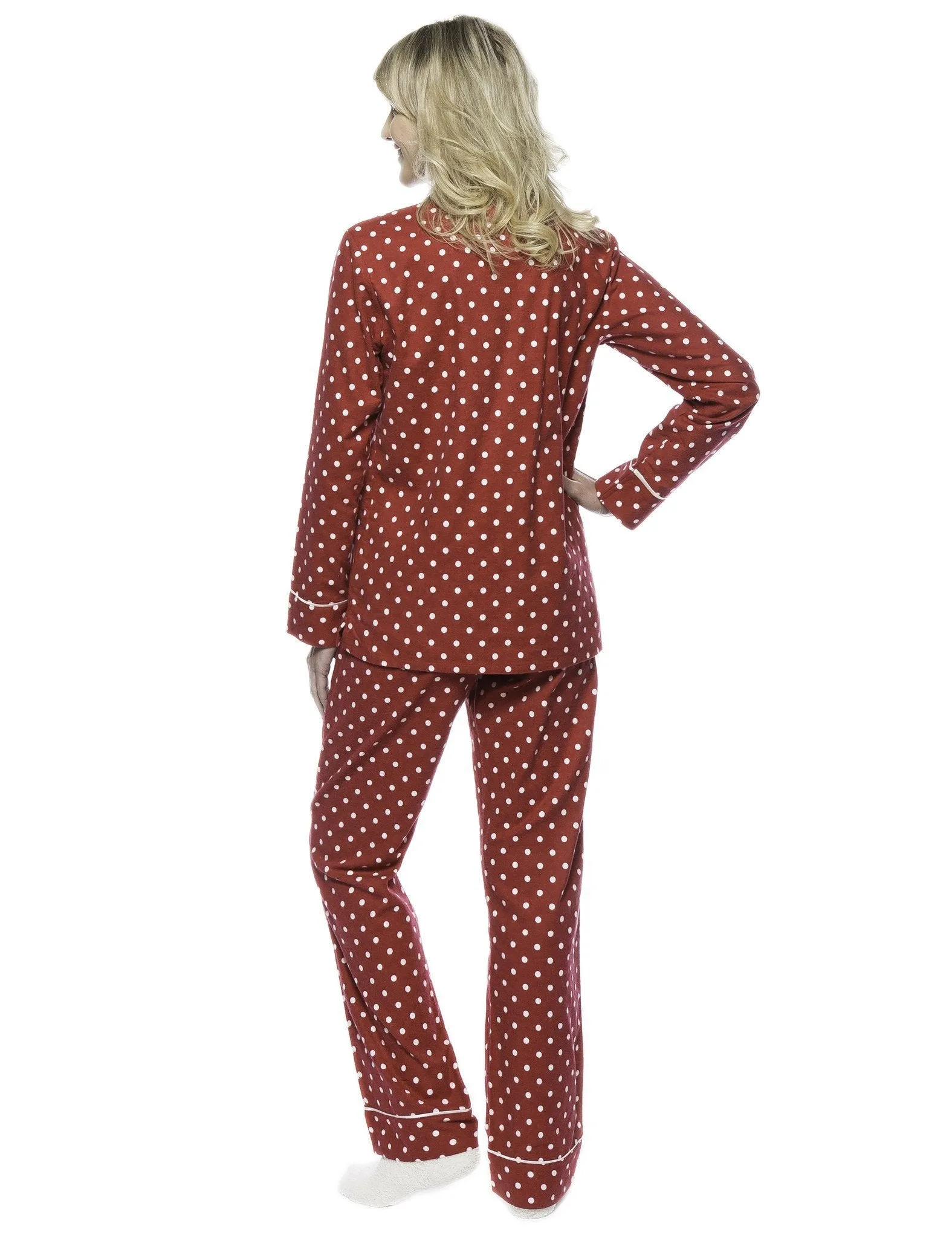 Womens Premium Cotton Flannel Pajama Sleepwear Set - Dots Diva Red