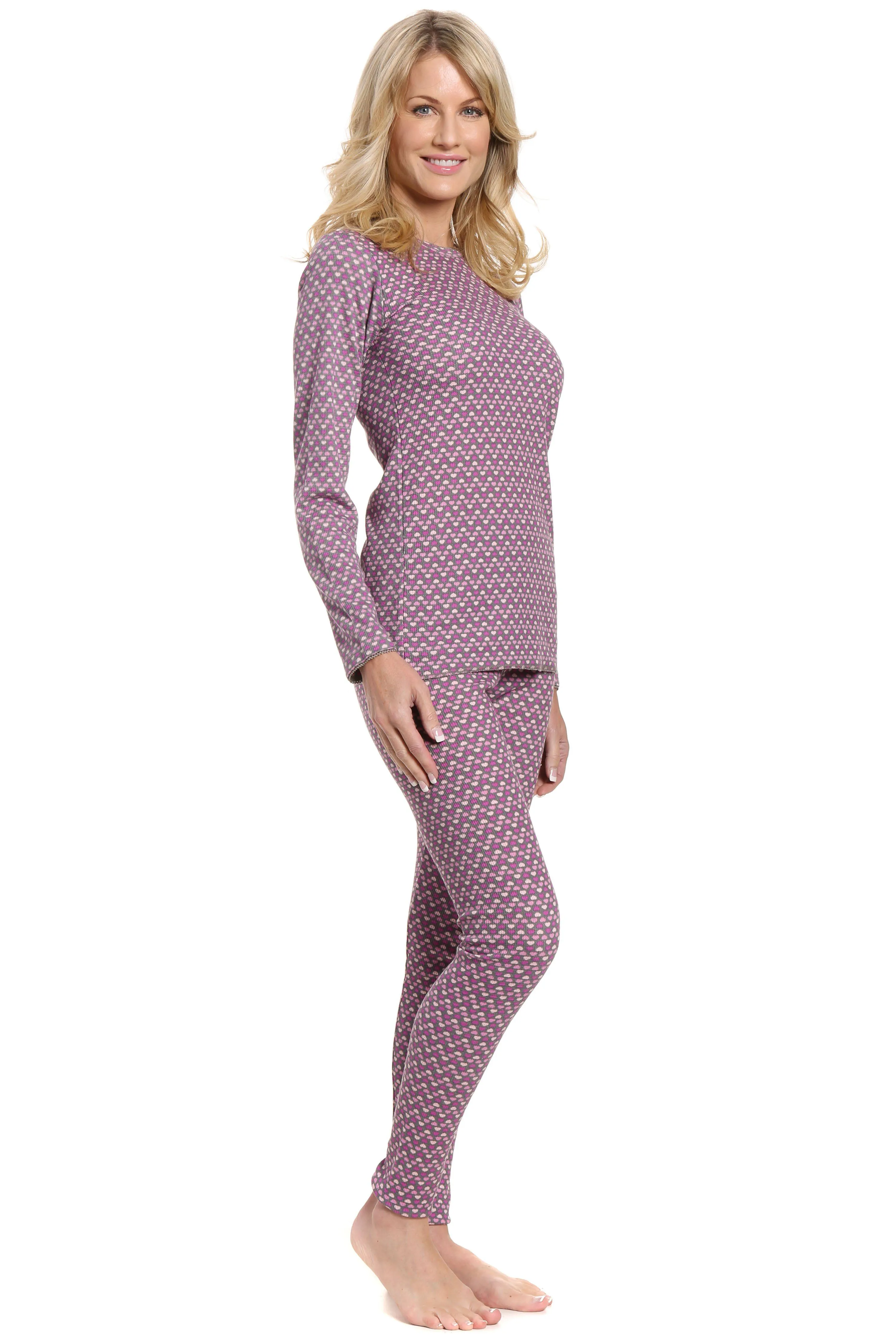 Womens Printed Extreme Cold Waffle Knit Thermal Top and Bottom Set