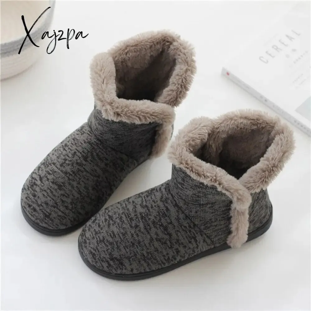 Xajzpa - Men Casual Winter Home Slippers Mens Warm Cotton Faux Fur Indoor Flat Shoes Male Comfortable Furry Flats For Bedroom Couples