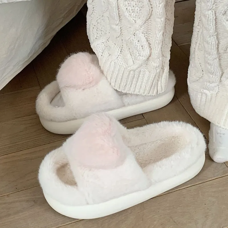 xiangtuibao Heart Love Fluffy Fur Slippers Women Warm Open Toe Plush Memory Foam Slide Slippers Home Winter Indoor Shoes