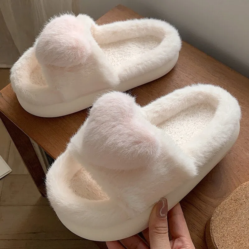 xiangtuibao Heart Love Fluffy Fur Slippers Women Warm Open Toe Plush Memory Foam Slide Slippers Home Winter Indoor Shoes