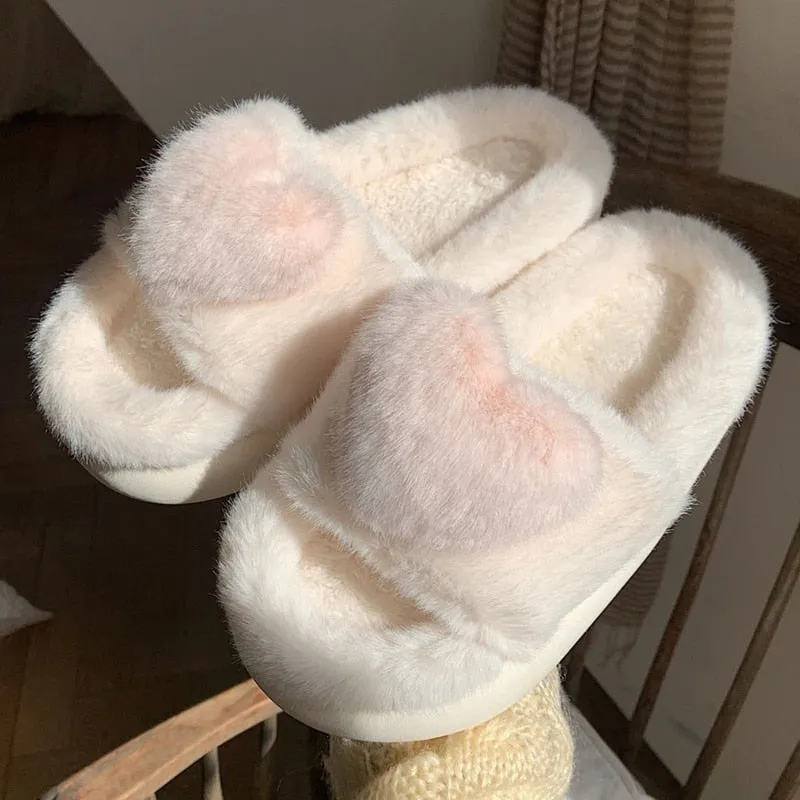 xiangtuibao Heart Love Fluffy Fur Slippers Women Warm Open Toe Plush Memory Foam Slide Slippers Home Winter Indoor Shoes