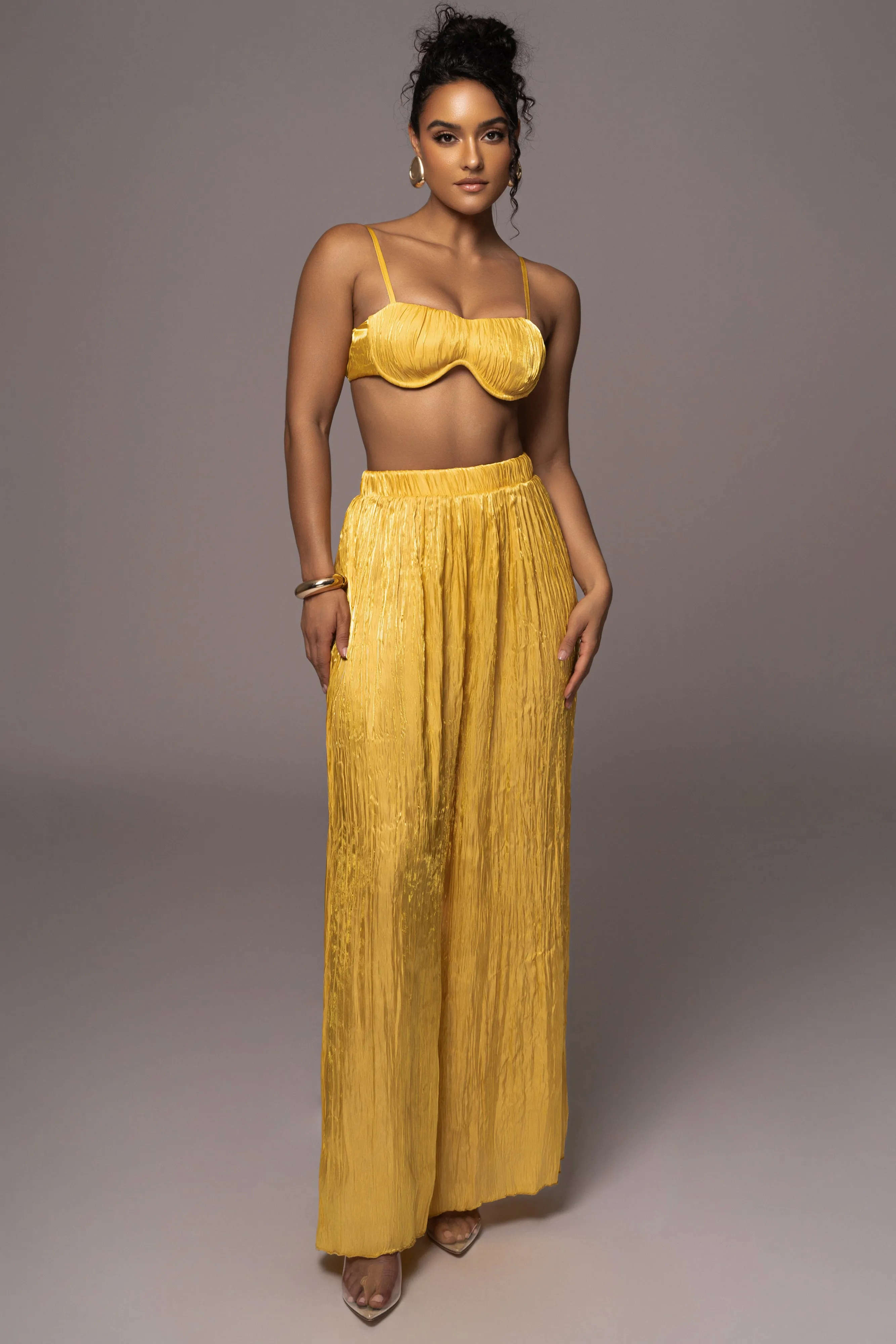 Yellow Let's Get Away Satin Pant Set