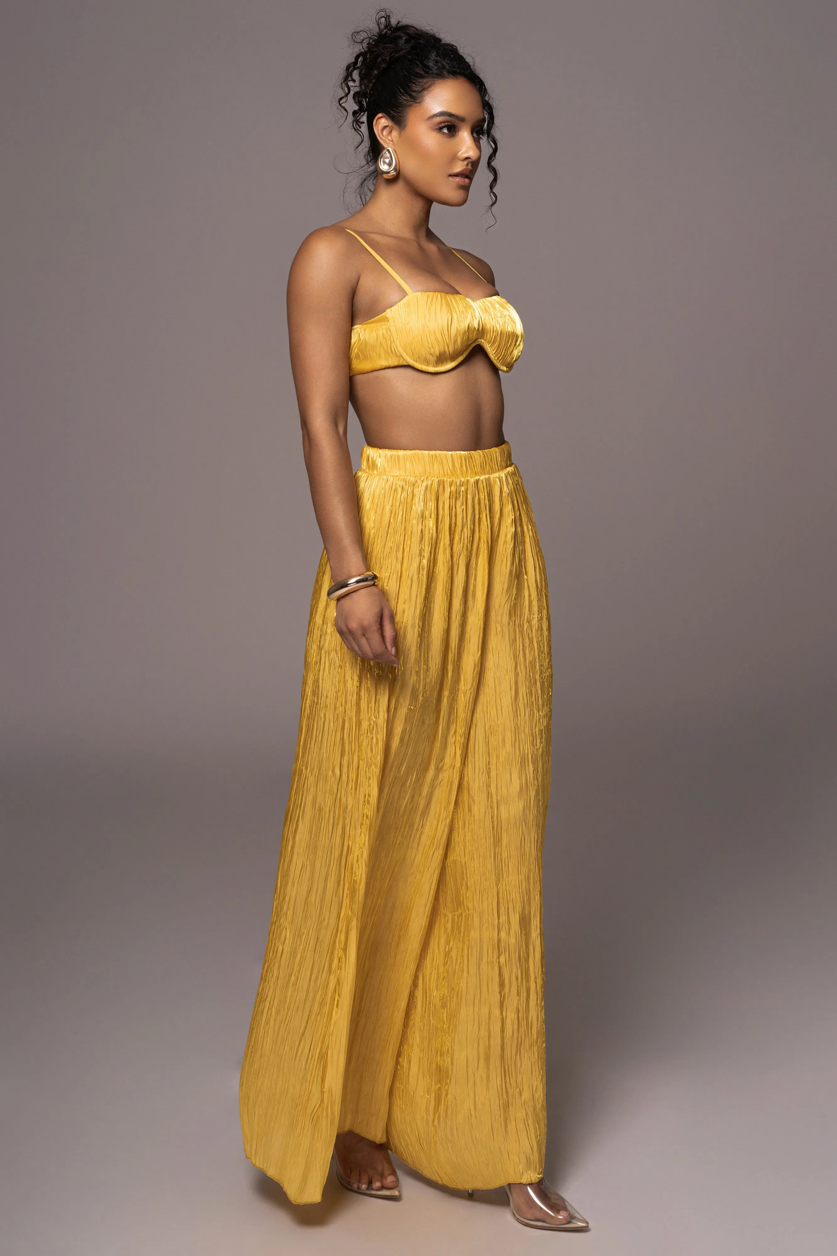 Yellow Let's Get Away Satin Pant Set